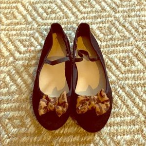 Girls Black Suede Ballet Flats with Leopard Bow